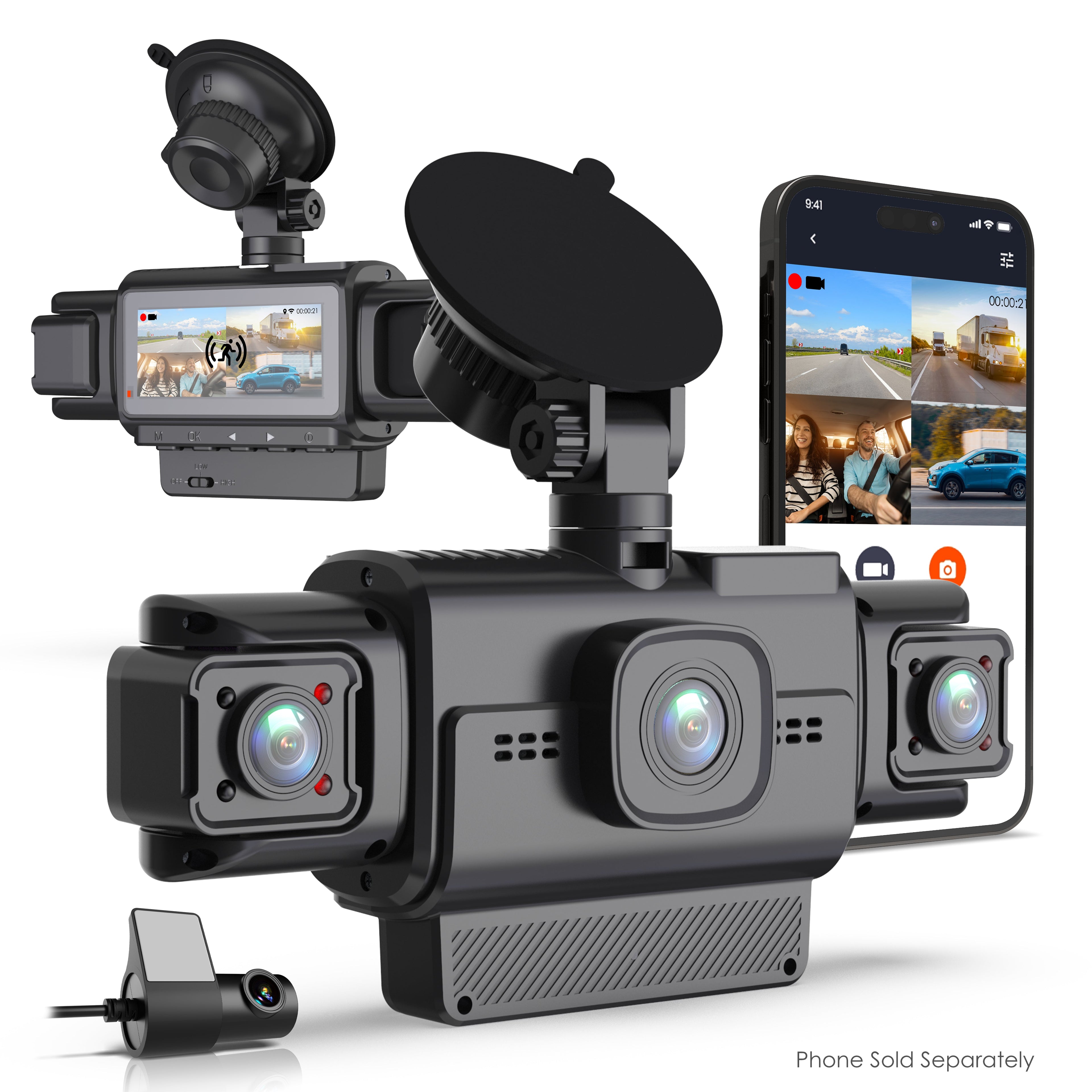 Rexing R4-RD 4-channel dash cam with 1080p resolution, 360° parking monitor, Wi-Fi, GPS, and IR night vision features.