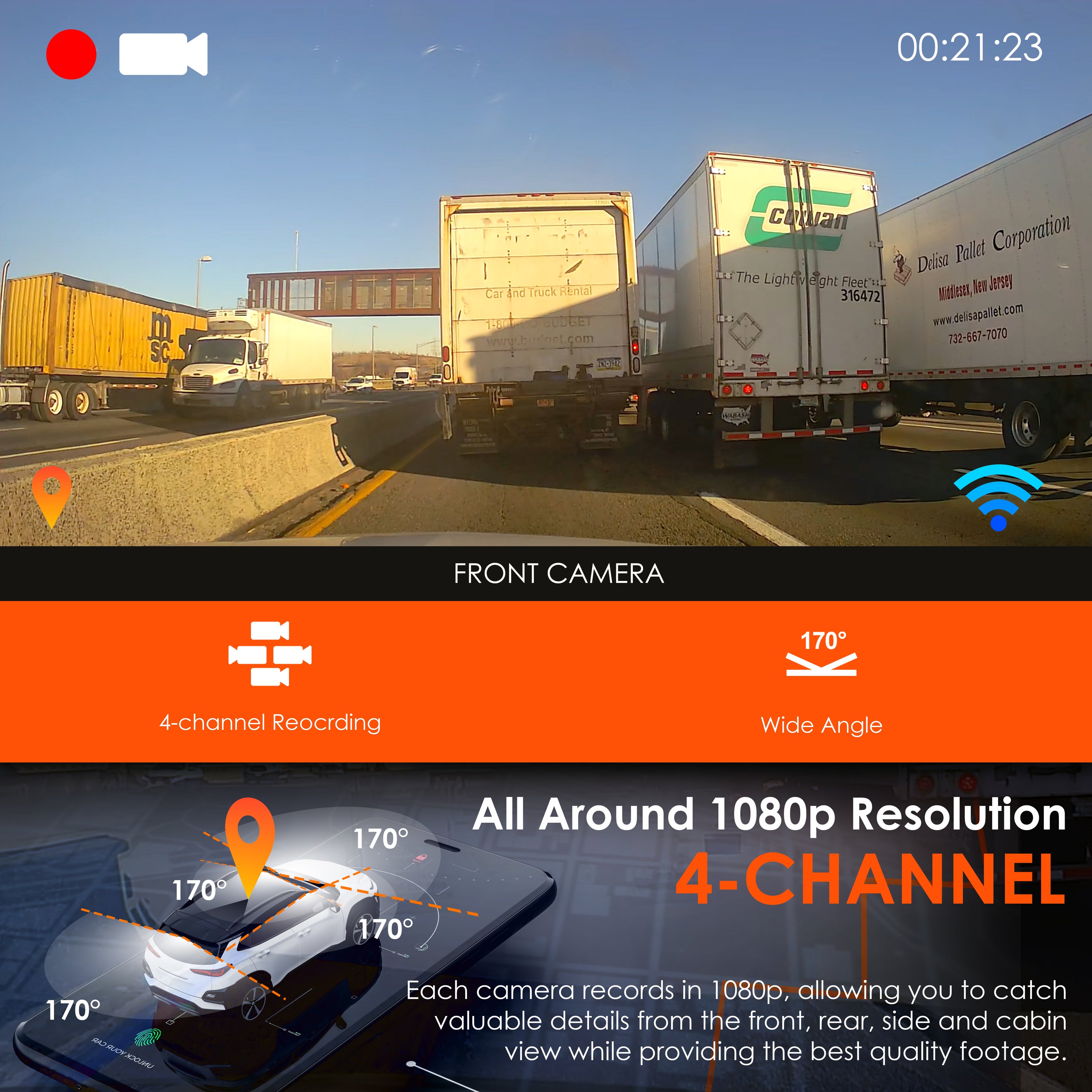 Rexing R4 4-channel dash cam featuring all-around 1080p resolution, Wi-Fi, and GPS in a sleek design.