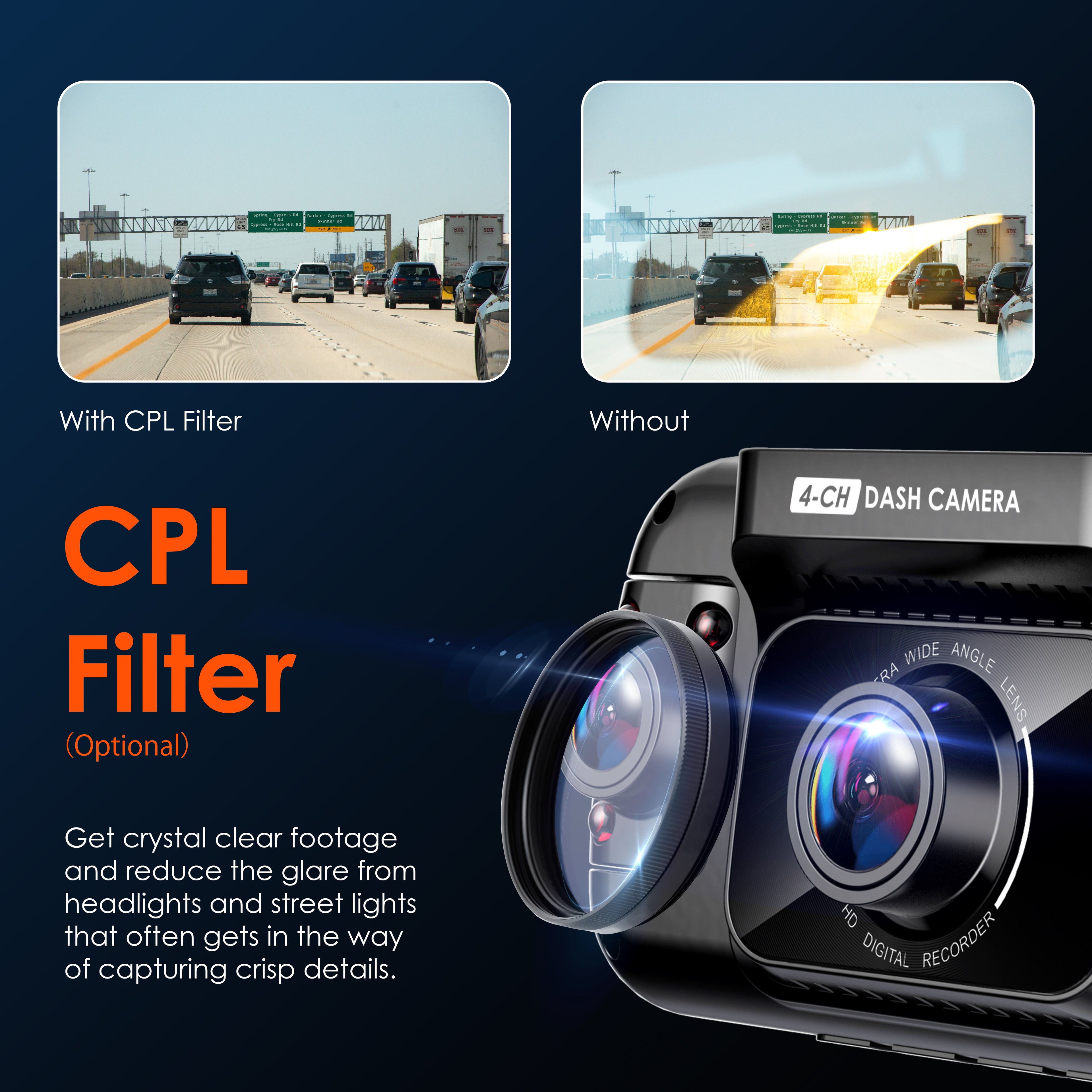 Rexing R4 dash cam showing four channels, 1080p resolution, Wi-Fi connectivity, and GPS features in a compact design.
