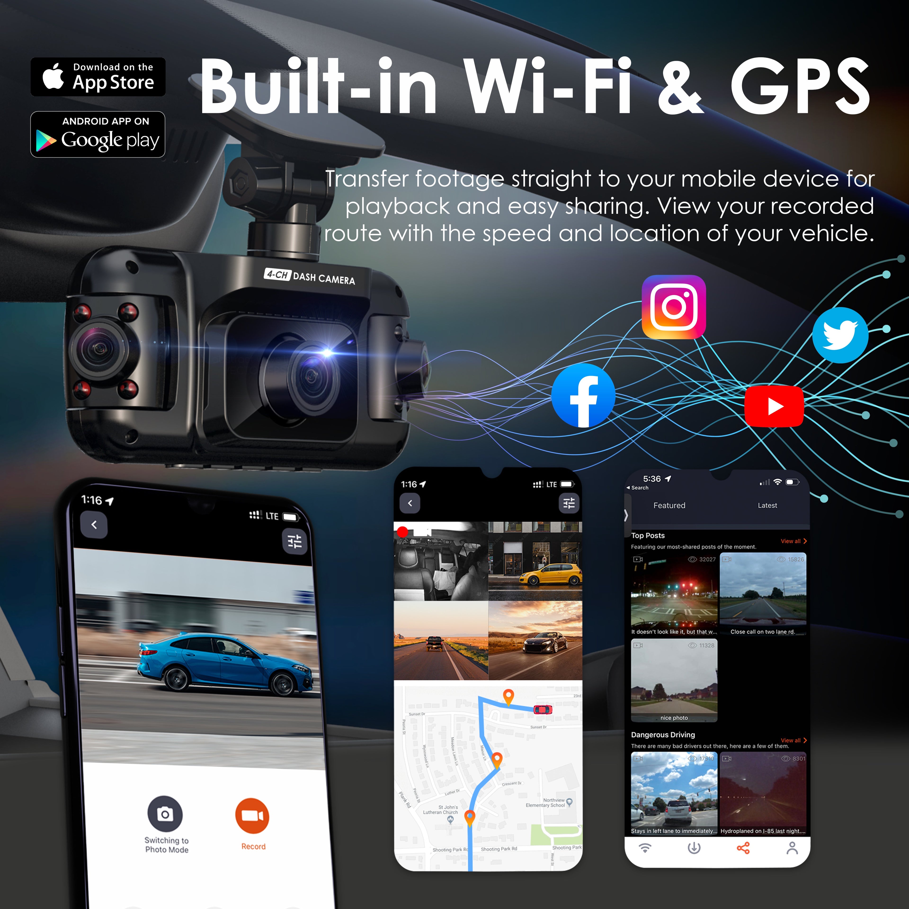 Rexing R4 dash cam featuring 4 channels, 1080p resolution, Wi-Fi, and GPS for comprehensive vehicle monitoring.