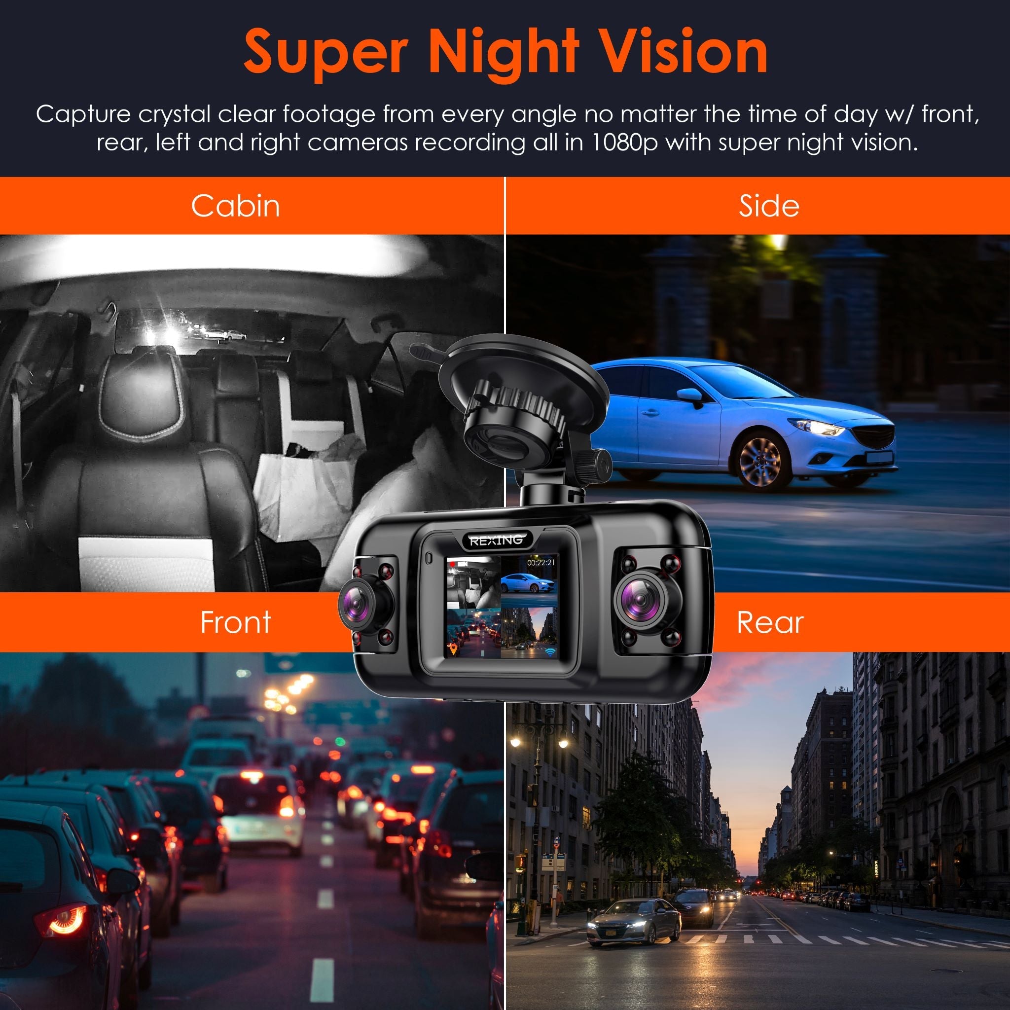 Rexing R4 dash cam with four channels, 1080p resolution, Wi-Fi, and GPS, capturing all-around vehicle views.