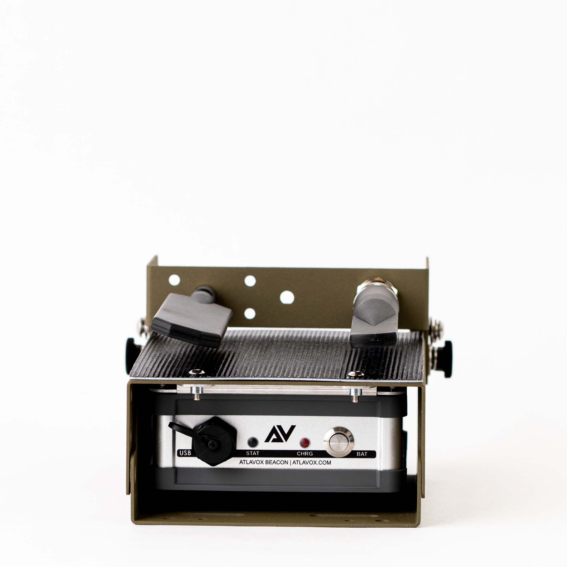 Atlavox Beacon Solar Meshtastic Node radio device with solar panel, preconfigured, for wireless mesh communication.