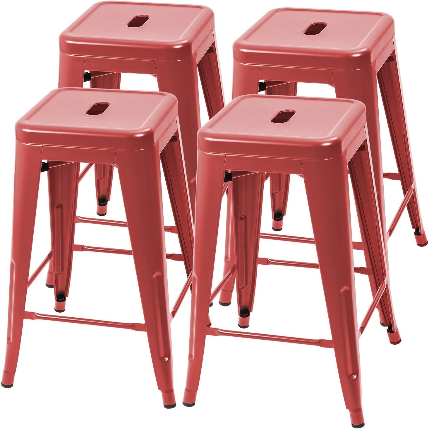 Set of four red metal barstools by HomePacific, 24-inch backless stacking indoor/outdoor dining stools