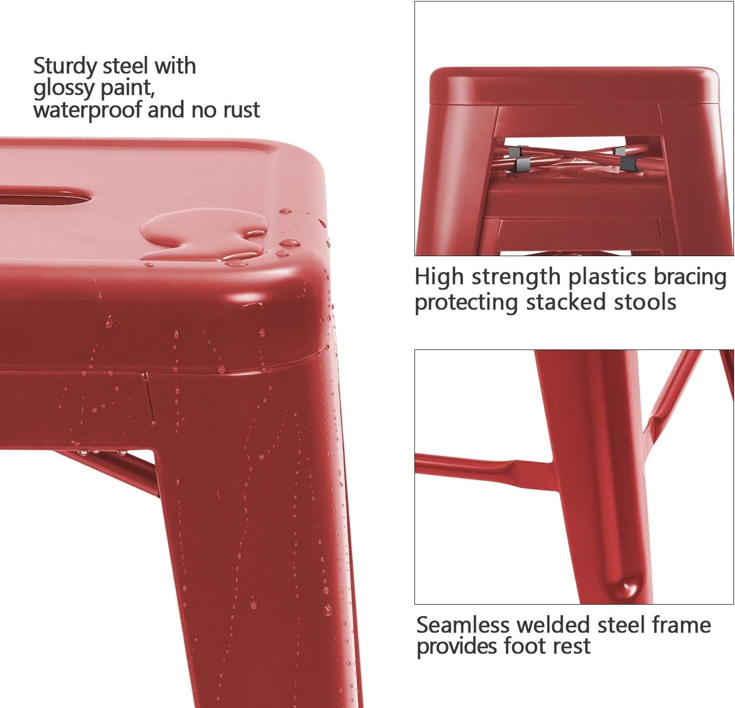 Set of four red metal backless stacking barstools for indoor or outdoor dining, featuring a durable design and modern style.