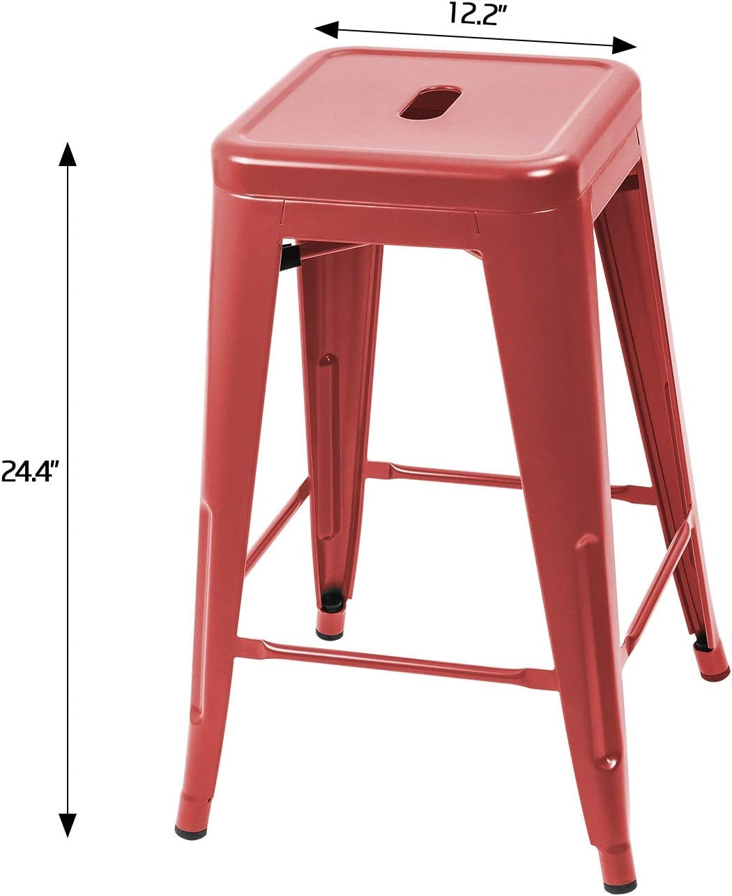 Set of four red metal backless stacking barstools for indoor or outdoor use, with a sleek, modern design for dining or bar areas.