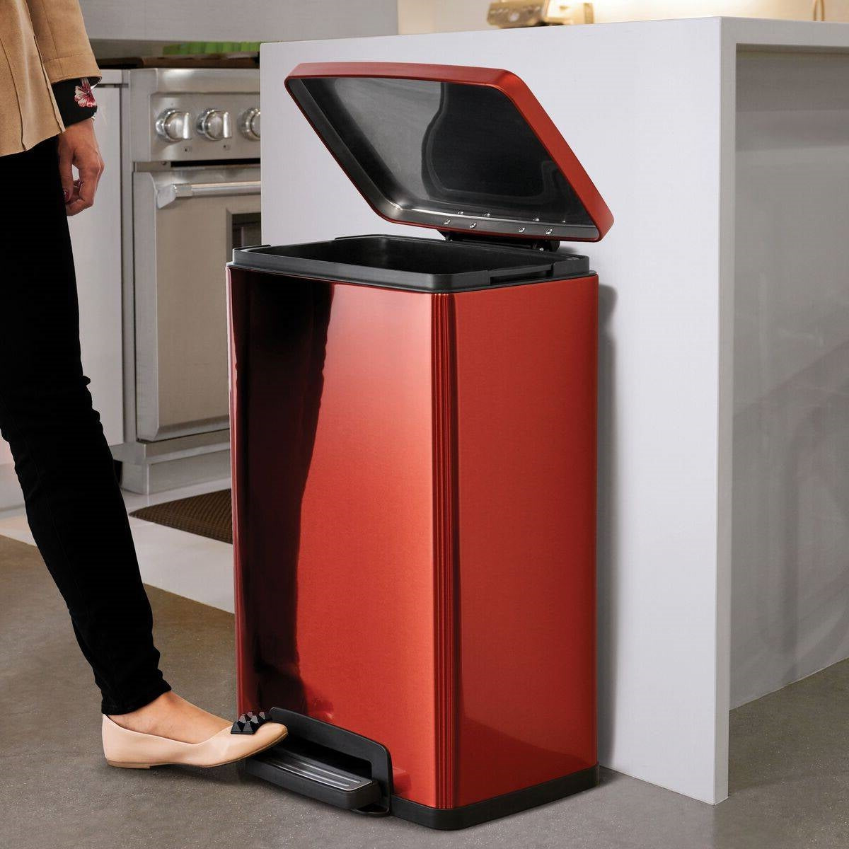 HomePacific stainless steel 13-gallon kitchen trash can with copper red step lid, durable and sleek for modern kitchens.