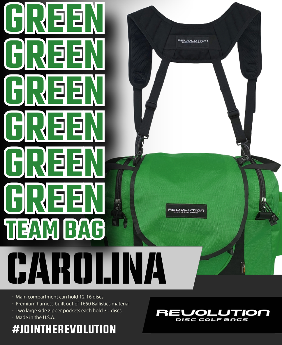 Gotta Go Gotta Throw Revolution Carolina Team V3 disc golf bag in forest green with multiple compartments and adjustable straps