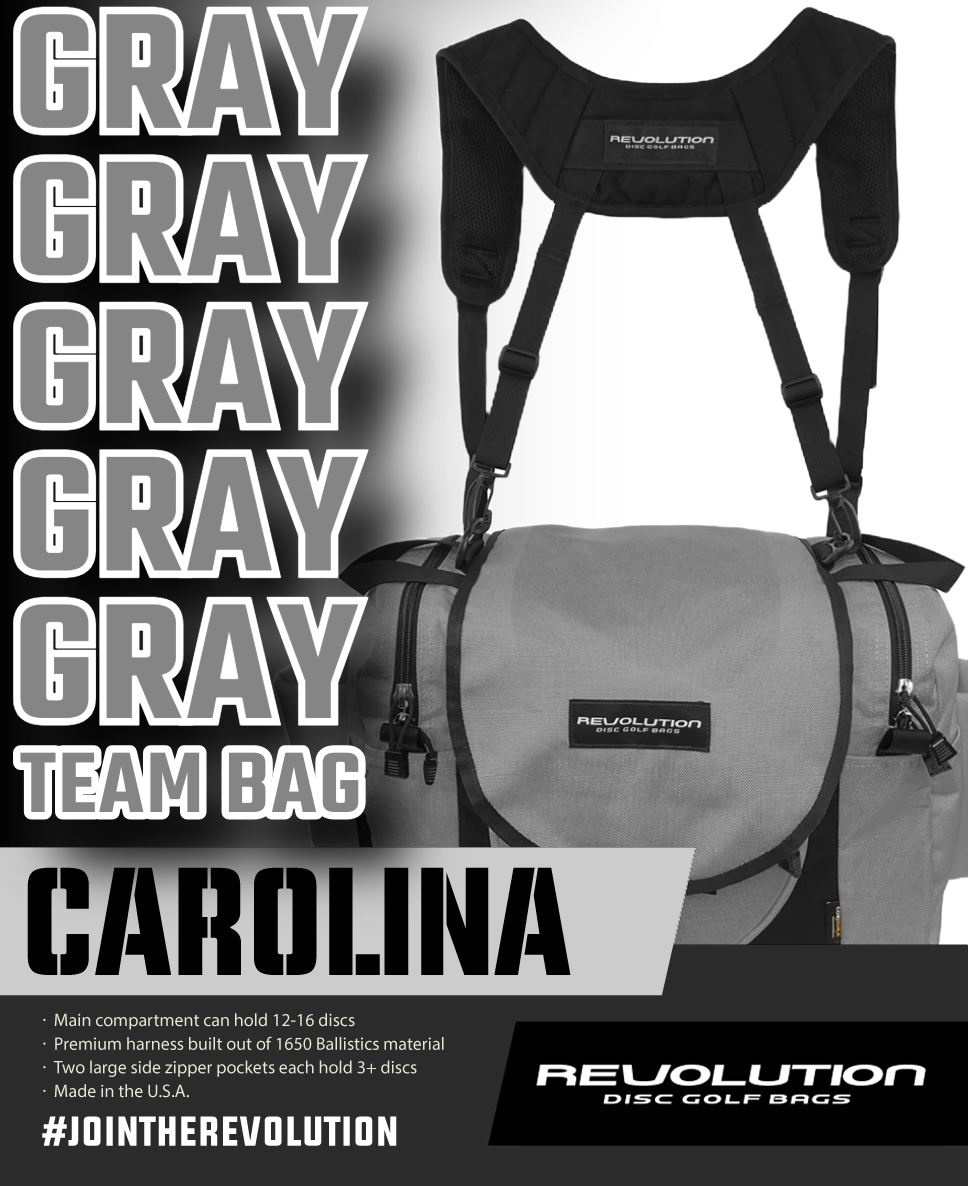Gotta Go Gotta Throw Revolution Carolina Team V3 disc golf bag in Mountain Mist with multiple compartments and adjustable straps.