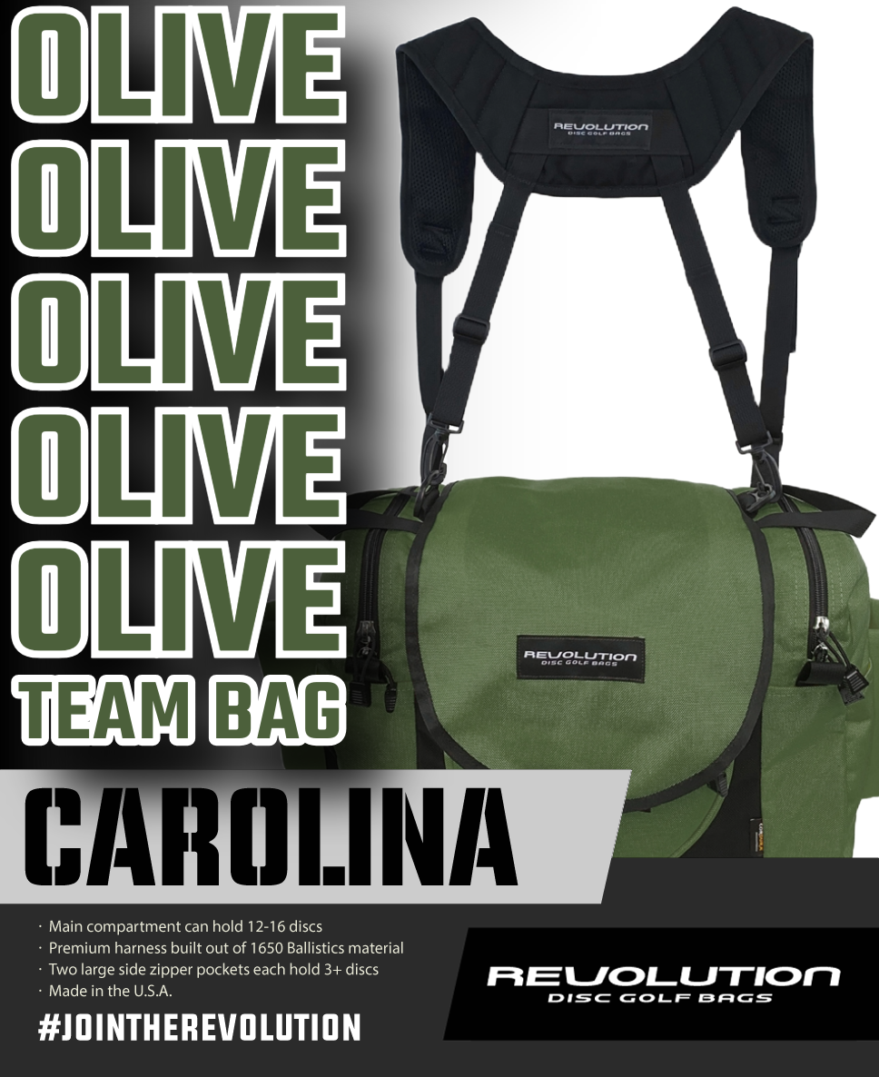 Gotta Go Gotta Throw Revolution Carolina Team V3 disc golf bag in olive green with multiple compartments and adjustable straps.