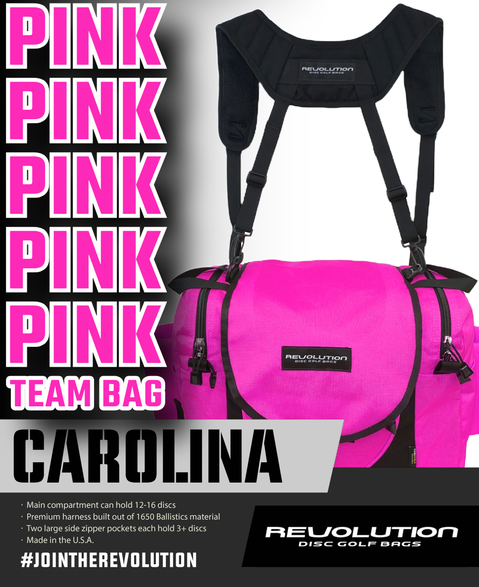 Gotta Go Gotta Throw Revolution Carolina Team V3 disc golf bag in brilliant rose with multiple compartments and adjustable straps.