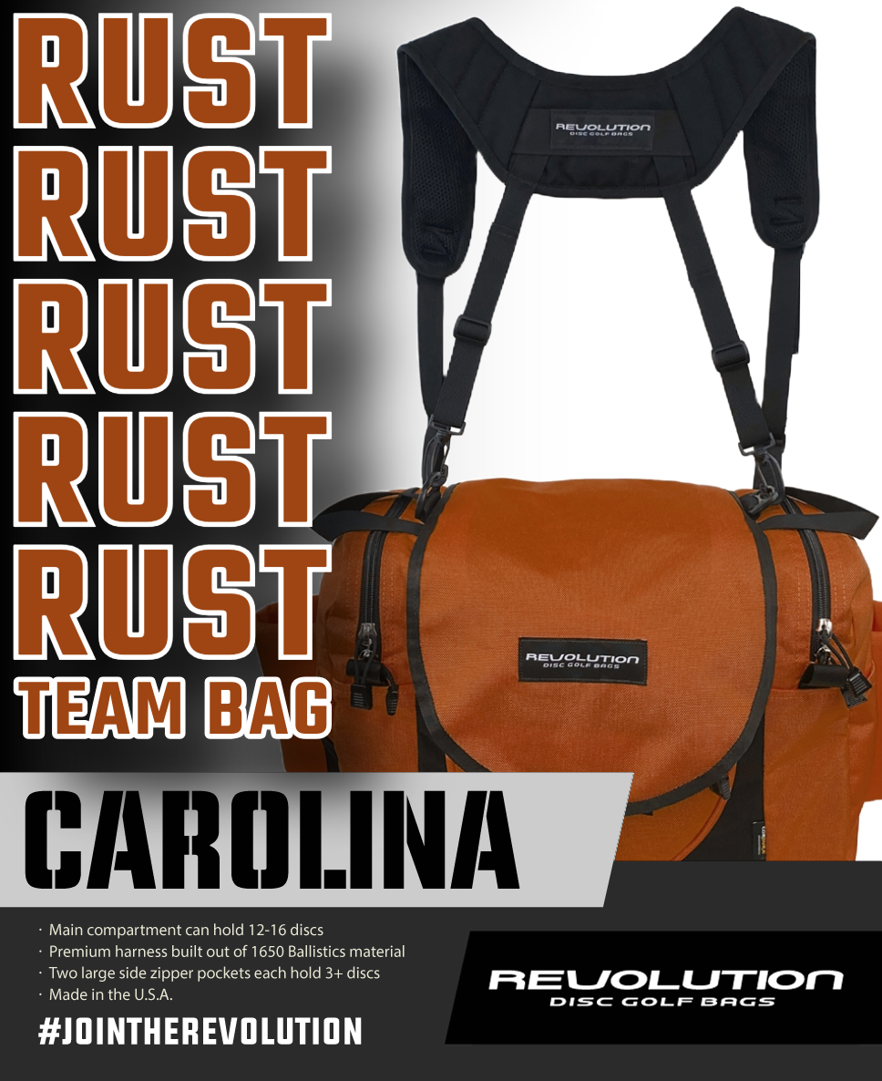 Gotta Go Gotta Throw Revolution Carolina Team V3 disc golf bag in rust color, featuring multiple compartments and adjustable straps.