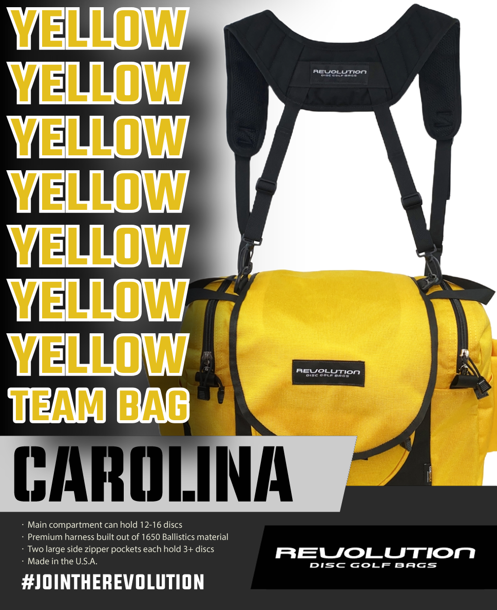 Gotta Go Gotta Throw Revolution Carolina Team V3 disc golf bag in Golden Dream with multiple compartments and adjustable straps.