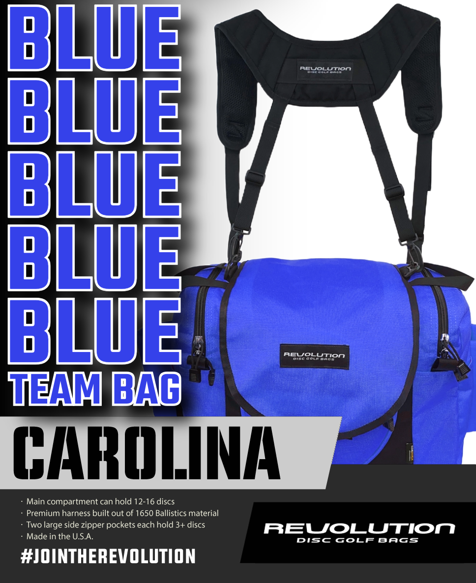 Gotta Go Gotta Throw Revolution Carolina Team V3 disc golf bag in sapphire, showing multiple compartments and adjustable straps.