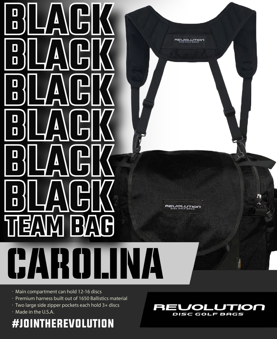 Gotta Go Gotta Throw Revolution Carolina Team V3 disc golf bag in onyx with multiple compartments and adjustable straps.