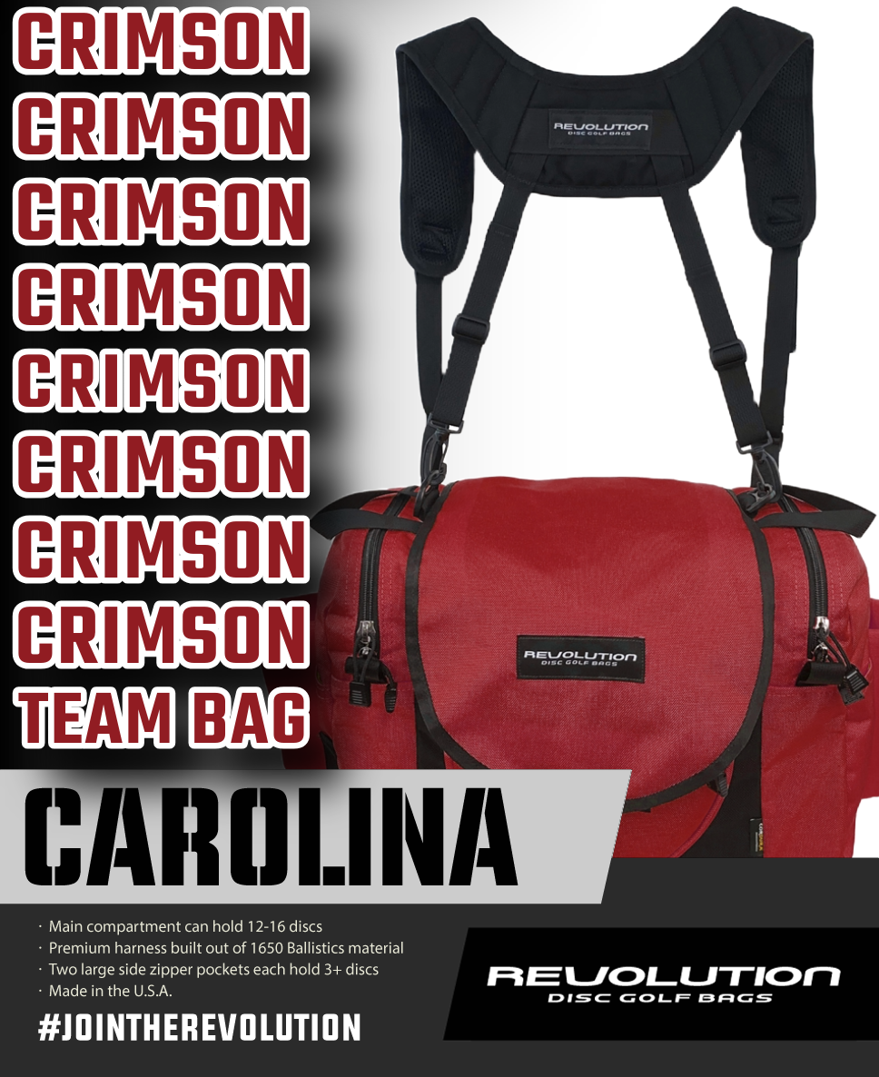 Gotta Go Gotta Throw Revolution Carolina Team V3 disc golf bag in crimson with multiple compartments and adjustable straps.