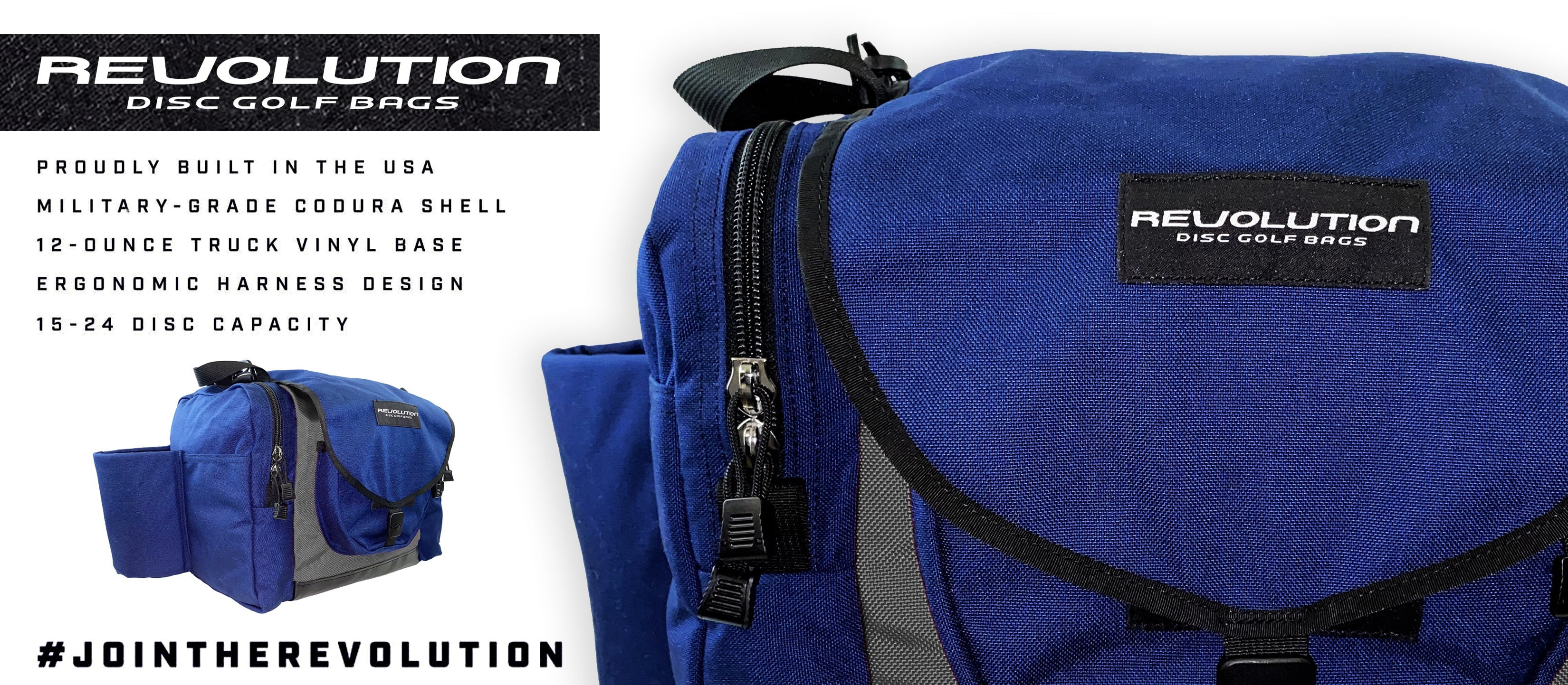 Gotta Go Gotta Throw Revolution Carolina Team V3 Disc Golf Bag in sapphire blue with multiple compartments and adjustable straps.