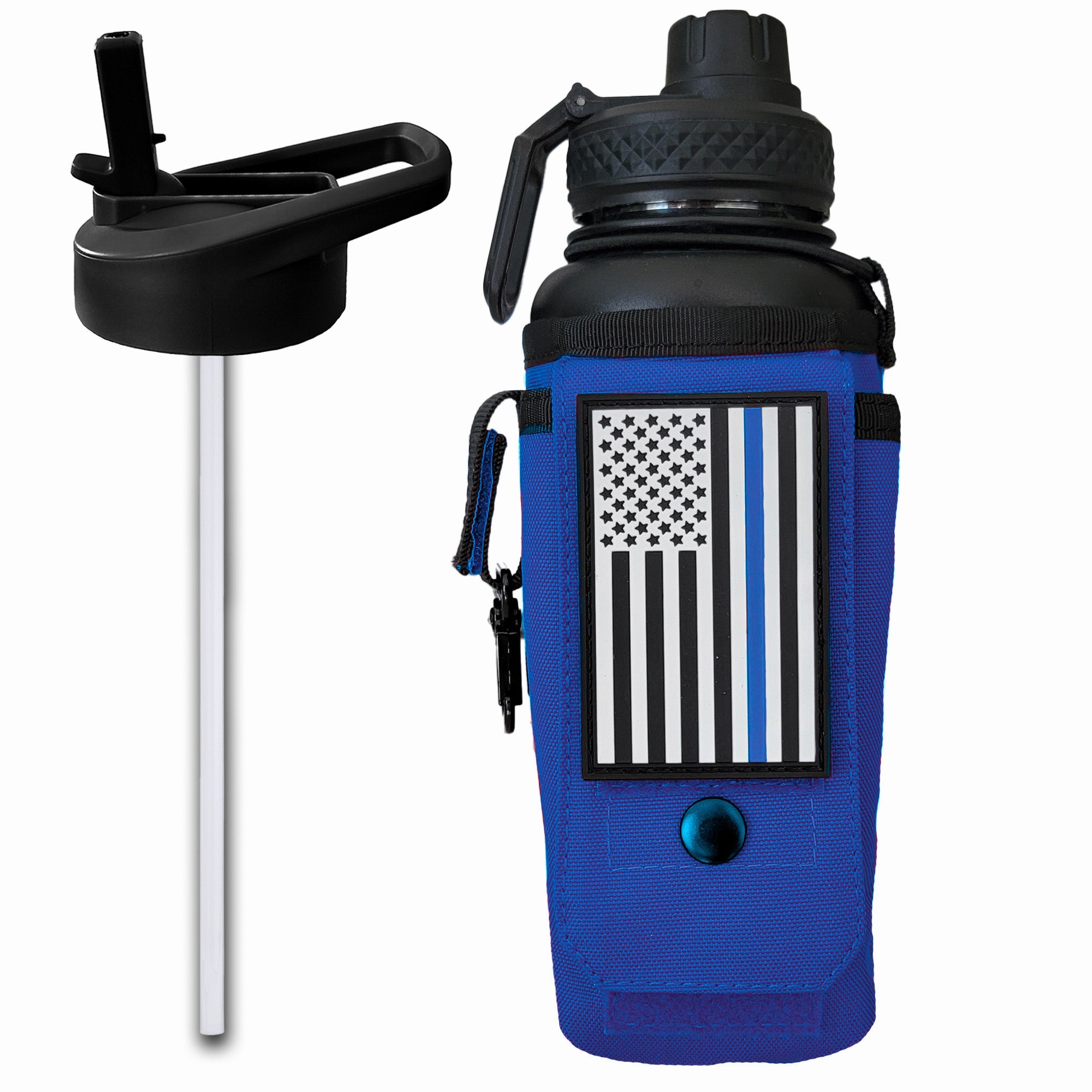 Blue 32oz Iron Infidel compact water bottle with a black lid and grip, designed for durability and easy carrying.