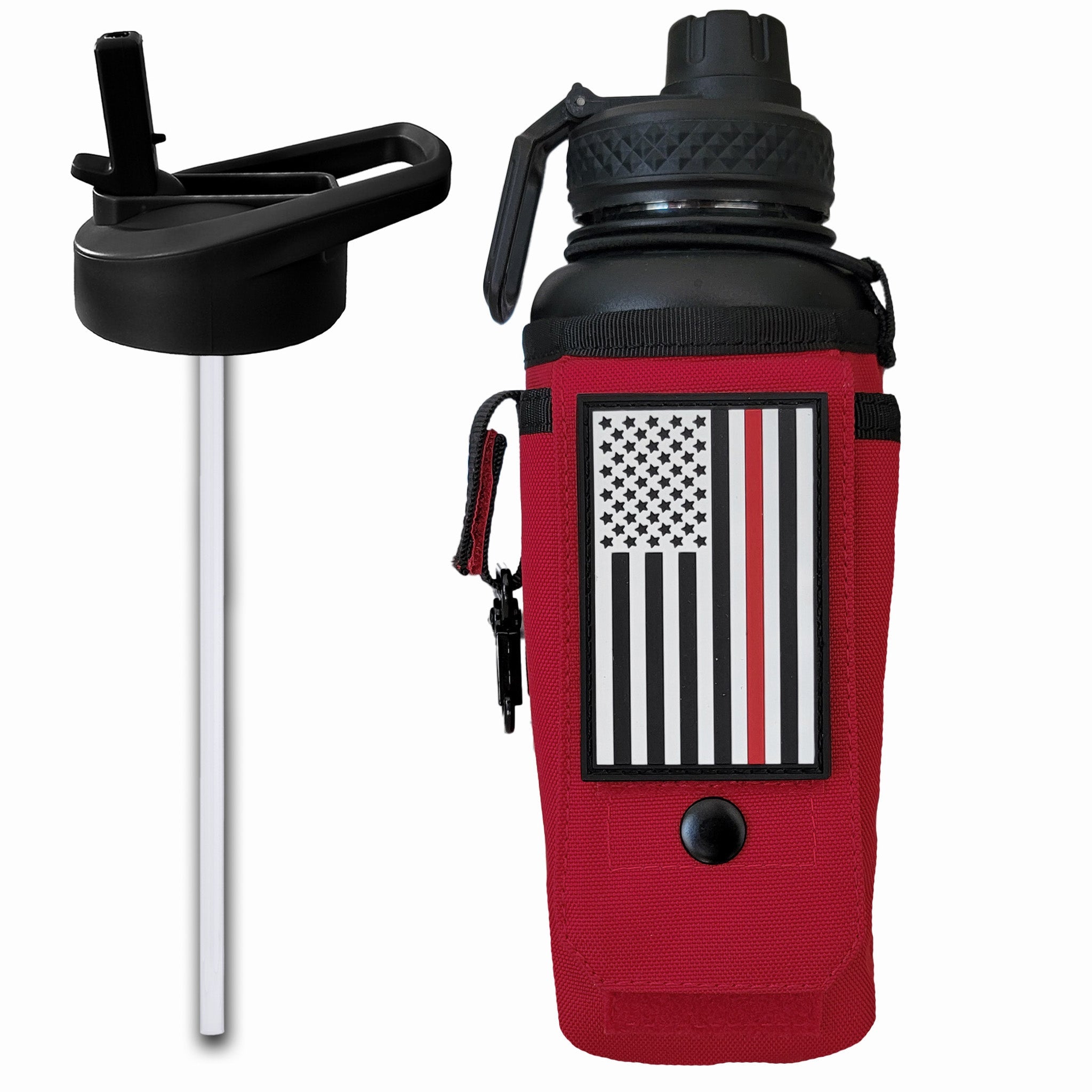 Red and black 32oz Iron Infidel Compact Battle Water Bottle with a durable design and screw-on lid.