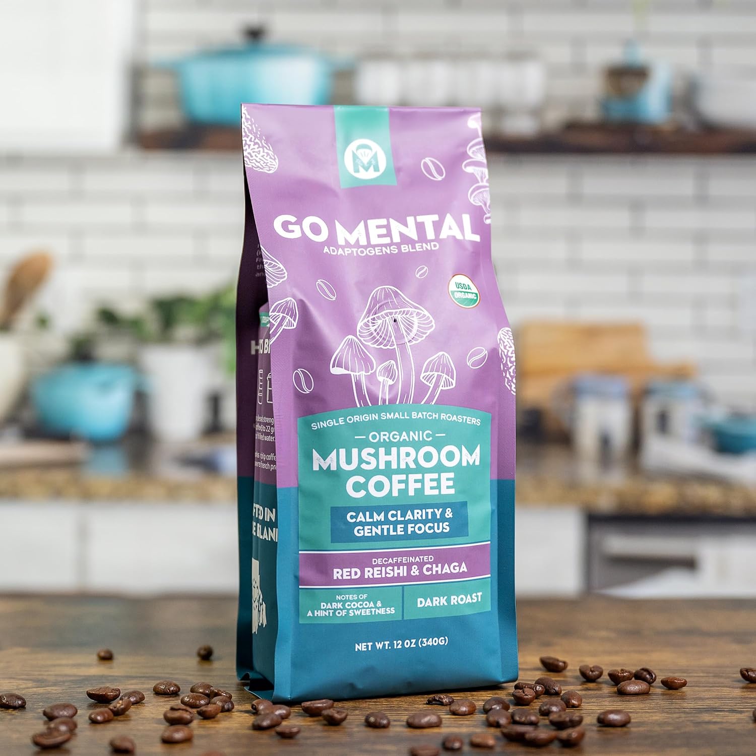 Decaffeinated Red Reishi and Chaga mushroom coffee blend in a cup, showcasing the GO MENTAL MUSHROOM COFFEE adaptogens.