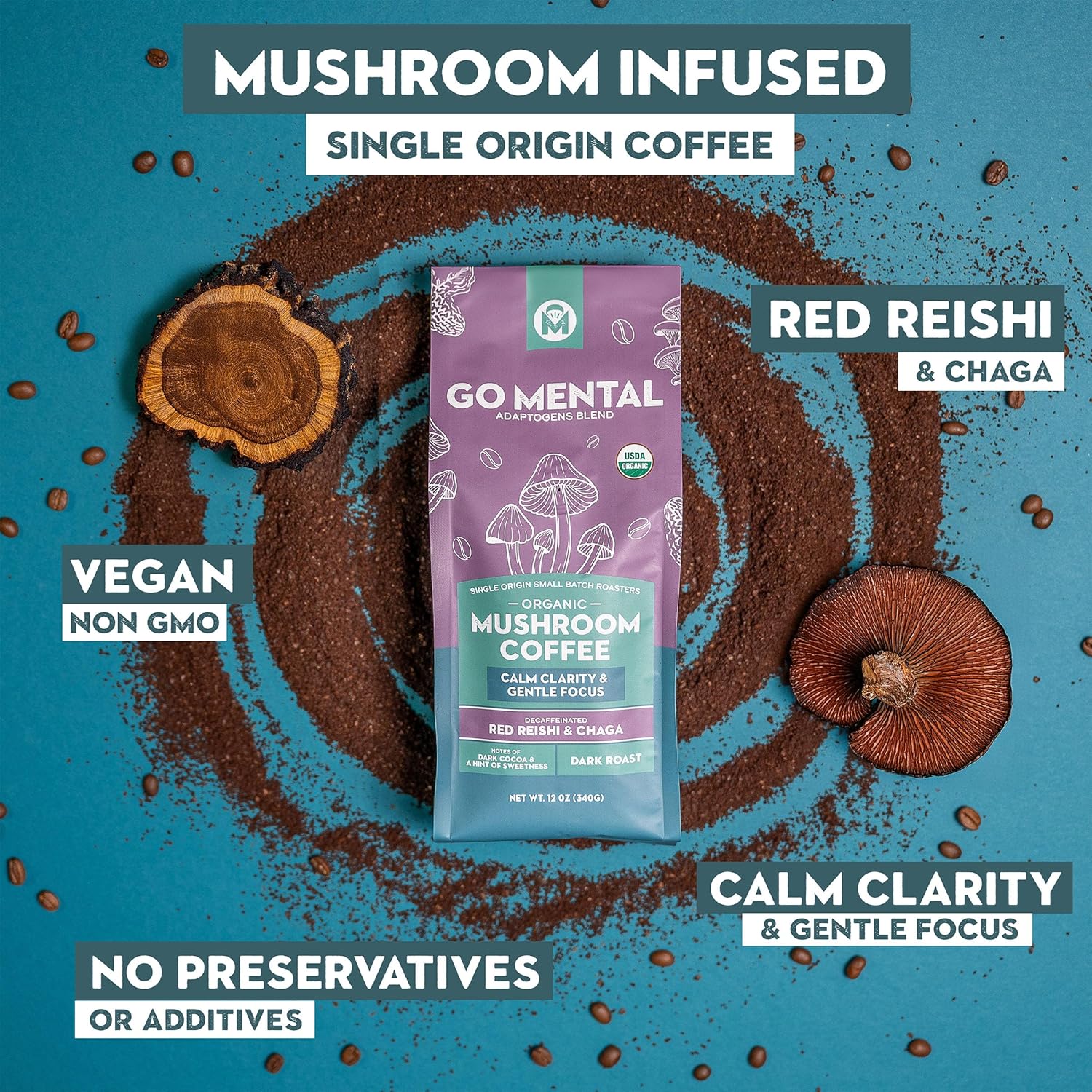 Decaffeinated Red Reishi and Chaga mushroom coffee blend by GO MENTAL MUSHROOM COFFEE with a steaming cup of adaptogenic herbal coffee.