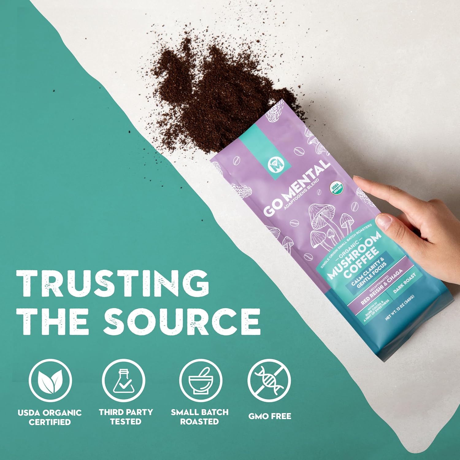 Decaffeinated Red Reishi and Chaga mushroom coffee adaptogens blend in a jar, showcasing the supplement's natural ingredients and packaging.