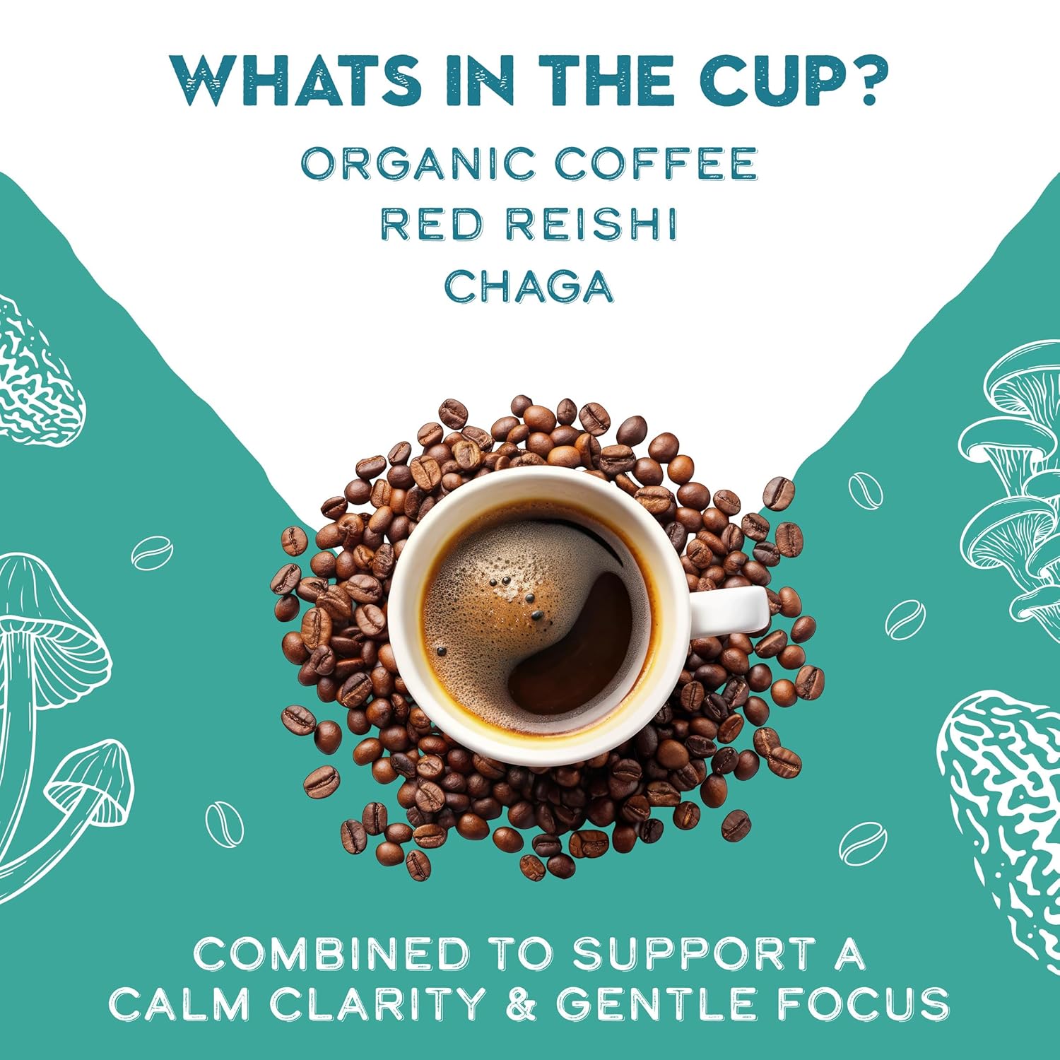 Decaffeinated Red Reishi and Chaga mushroom coffee blend by GO MENTAL MUSHROOM COFFEE with a steaming cup and mushroom ingredients.