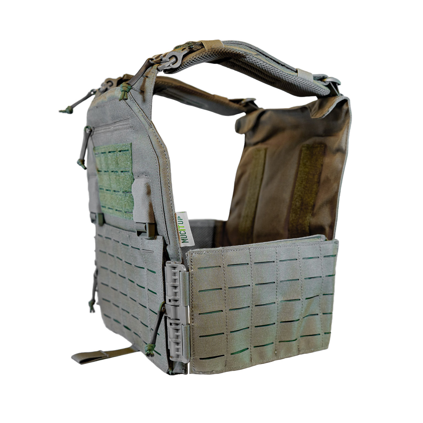 MUCTAC Plate Carrier 10x12 in 1050D Nylon with quick release and laser cut MOLLE, showcasing tactical gear design.