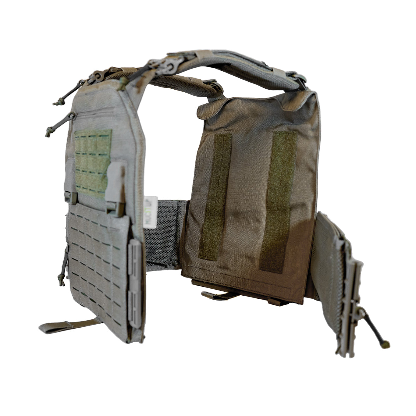 MUCTAC Plate Carrier 10x12 in 1050D nylon with laser cut MOLLE, showcasing quick release features and Texas design.