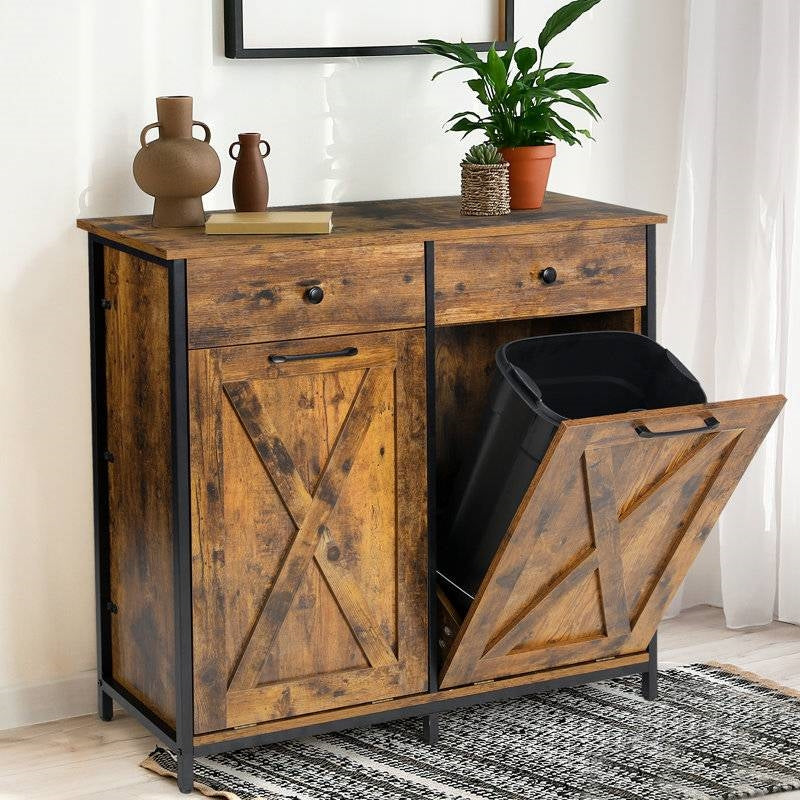 Rustic HomePacific 2-drawer and tilt-out kitchen trash and recycle storage bin with 10-gallon capacity, ideal for kitchen or laundry use.