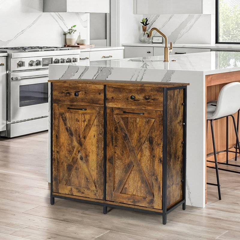 Rustic HomePacific 2-drawer and tilt-out kitchen trash and recycle storage cabinet with 10gL capacity, ideal for kitchen or laundry.