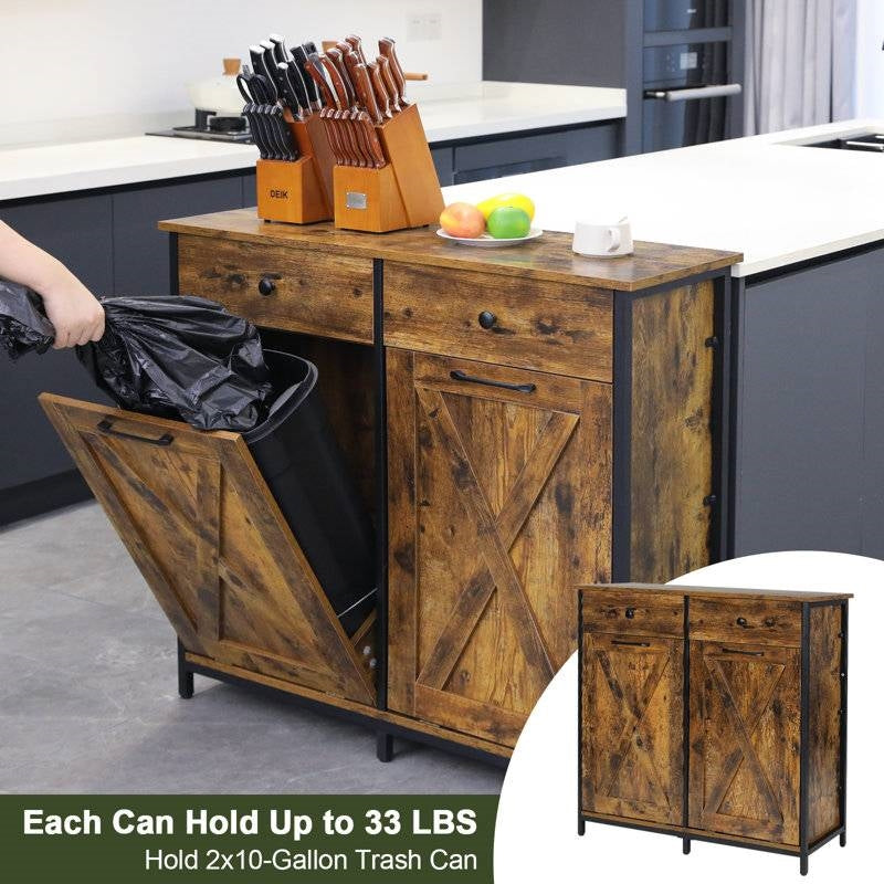 Rustic multipurpose kitchen trash and recycle storage with two drawers and tilt-out compartments by HomePacific.