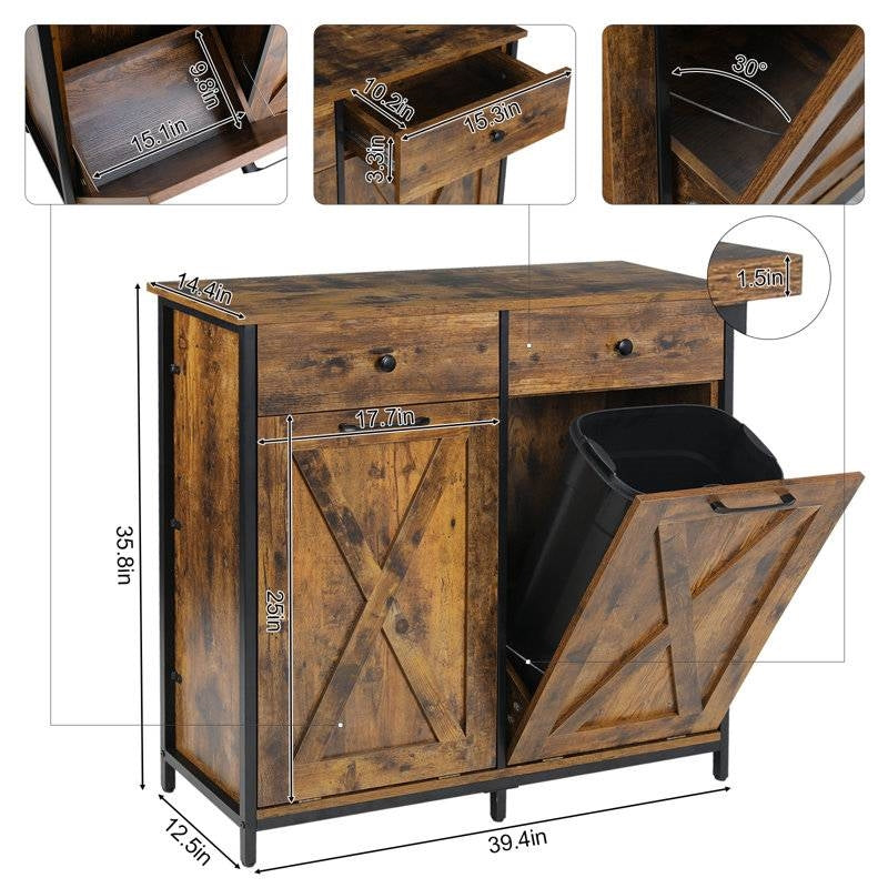 Rustic HomePacific 2-drawer kitchen trash and recycle bin with 2 tilt-out compartments for laundry and waste storage.