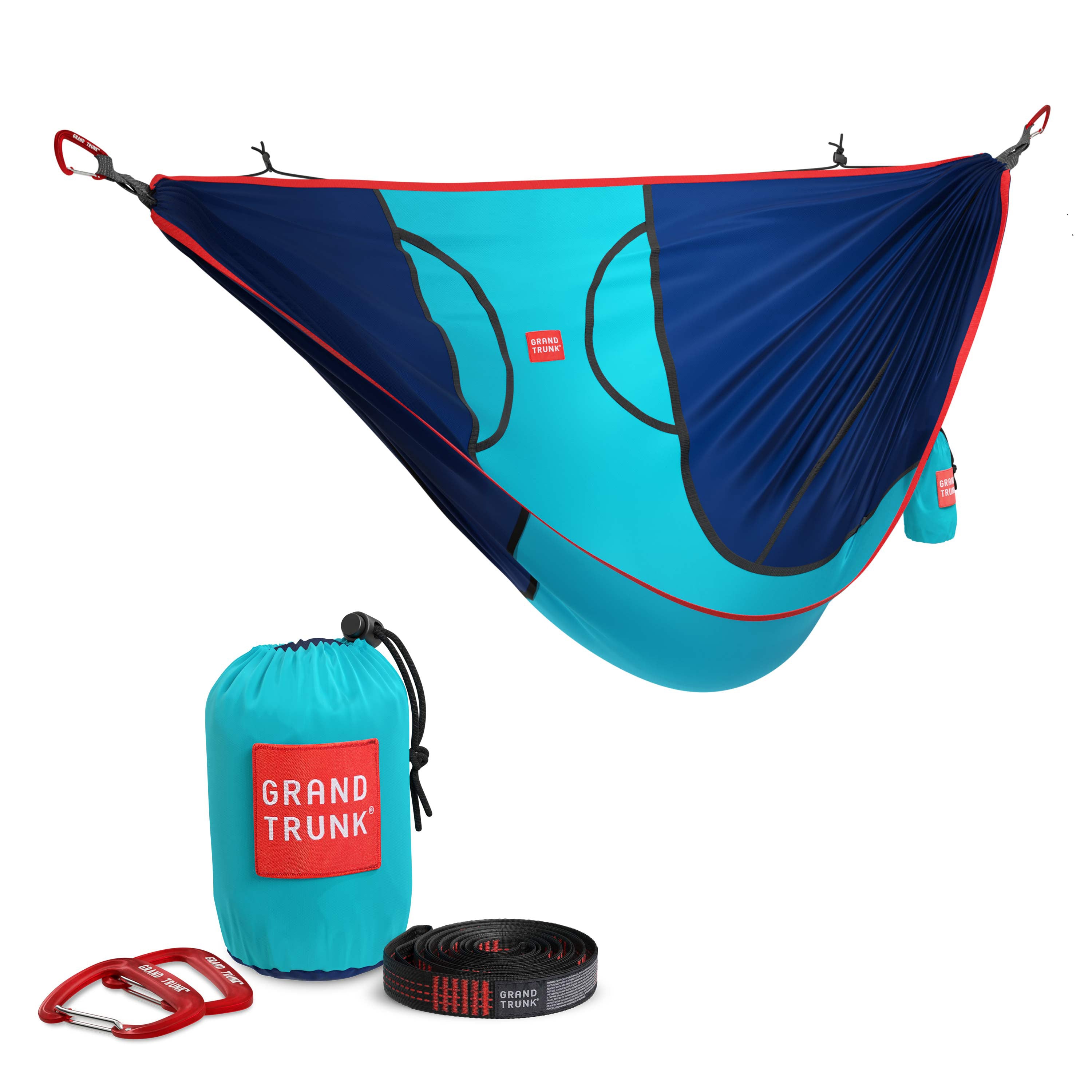 Blue ROVR™ Hanging Chair by GrandTrunk, showcasing a cozy hammock design suspended outdoors.