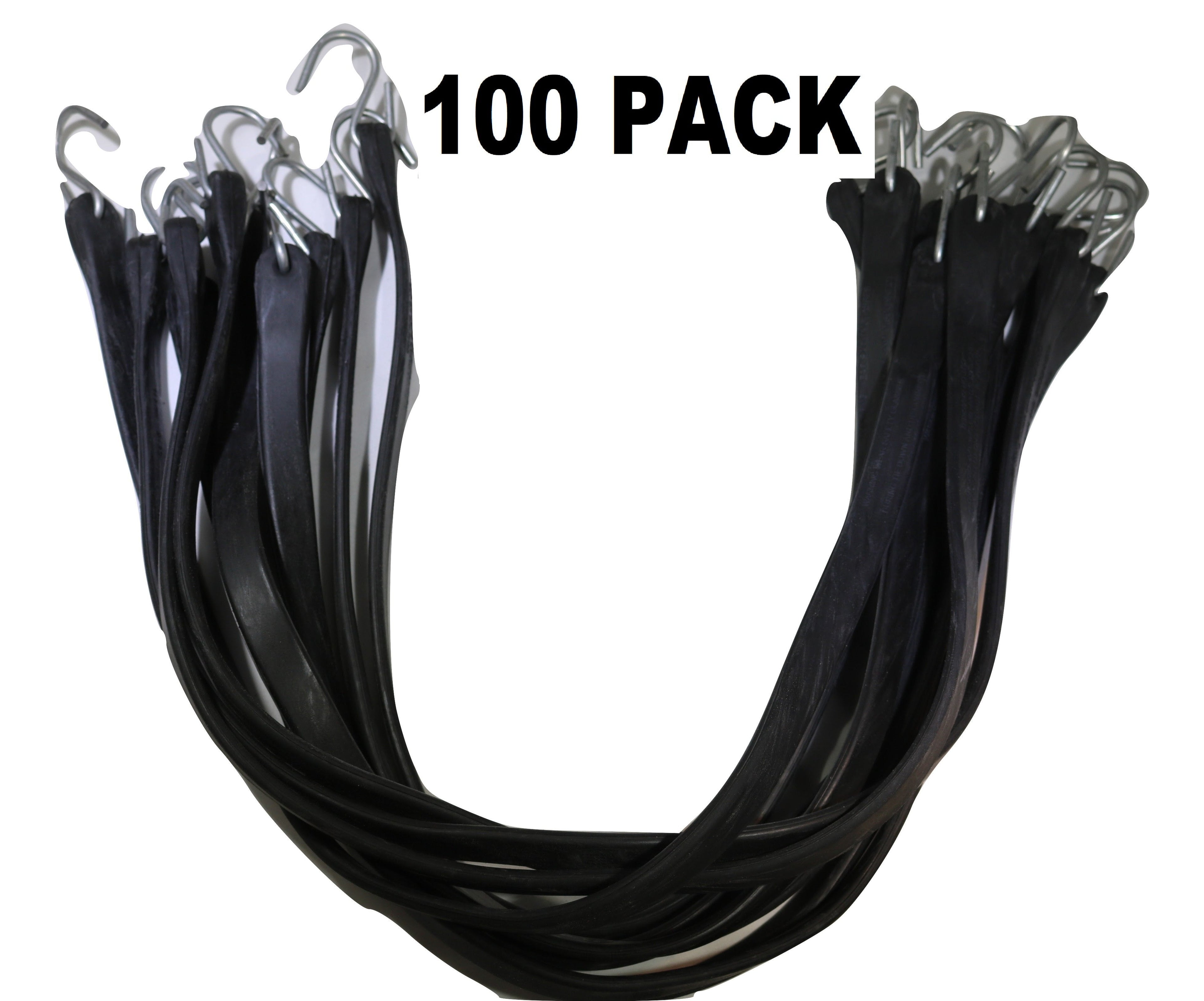 Set of 100 31-inch rubber tarp straps with crimped S hooks, designed for flatbed cargo securing, by RatchetStrap.com