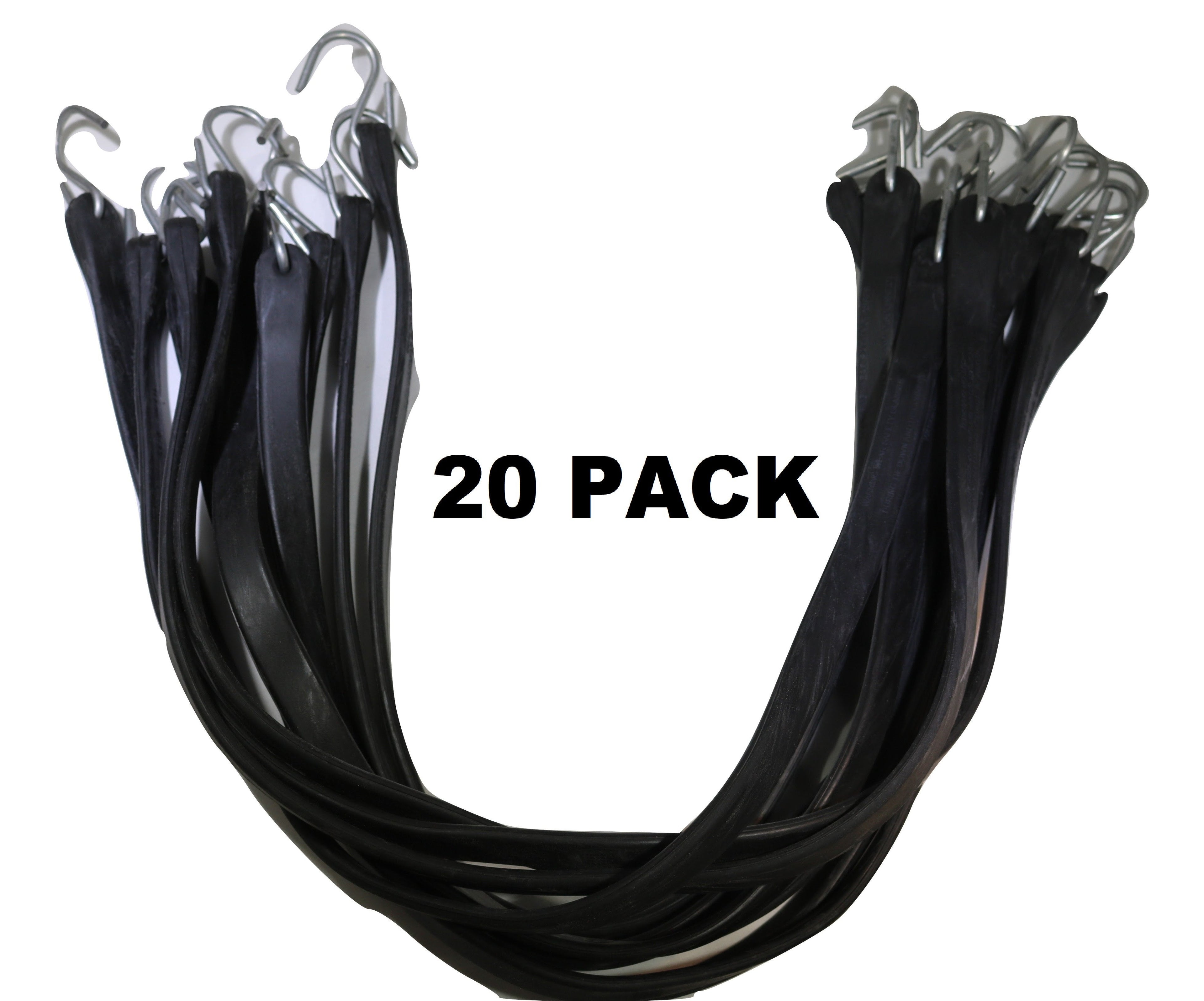 31-inch rubber tarp straps with crimped S hooks, flatbed style, 20-pack from RatchetStrap.Com for securing cargo.