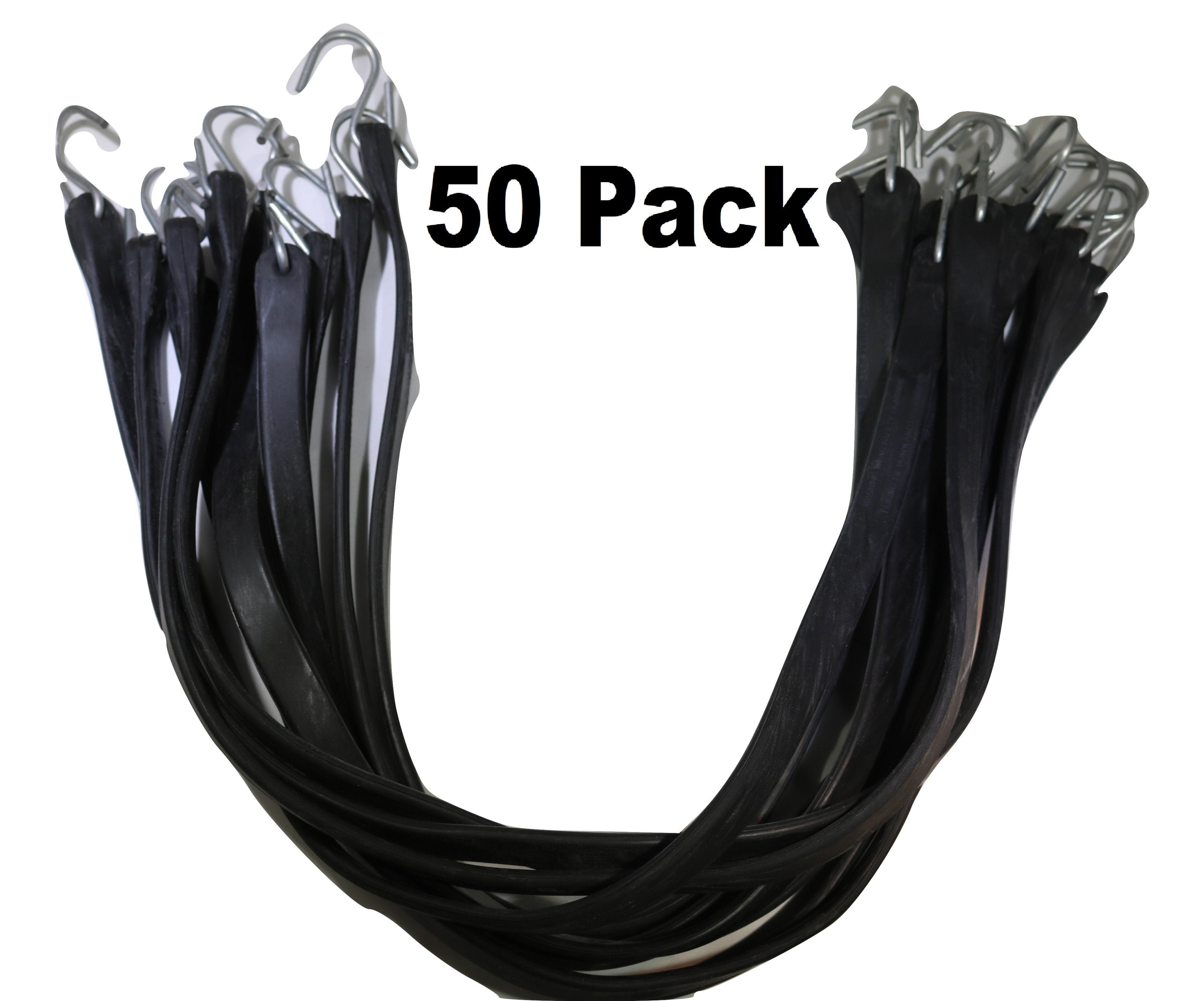 Box of 50 rubber tarp straps with crimped S hooks, flatbed style, for secure cargo fastening, by RatchetStrap.Com