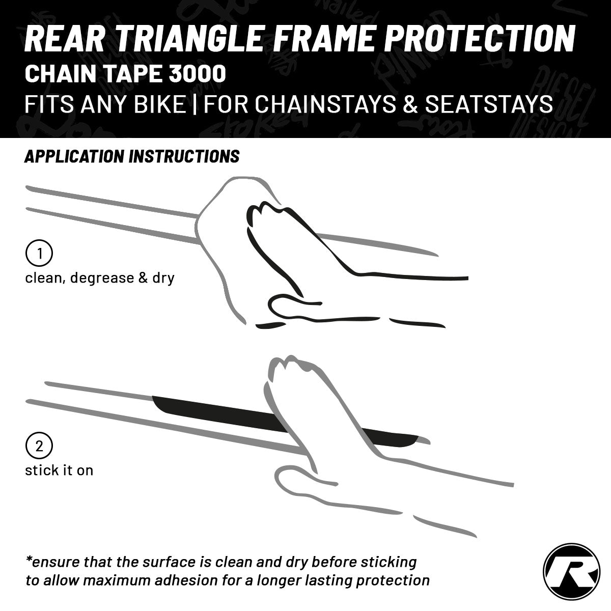 ZEITBIKE Riesel Design Chain Tape 3000 frame protection tape on bicycle frame, durable and transparent for chain area protection.
