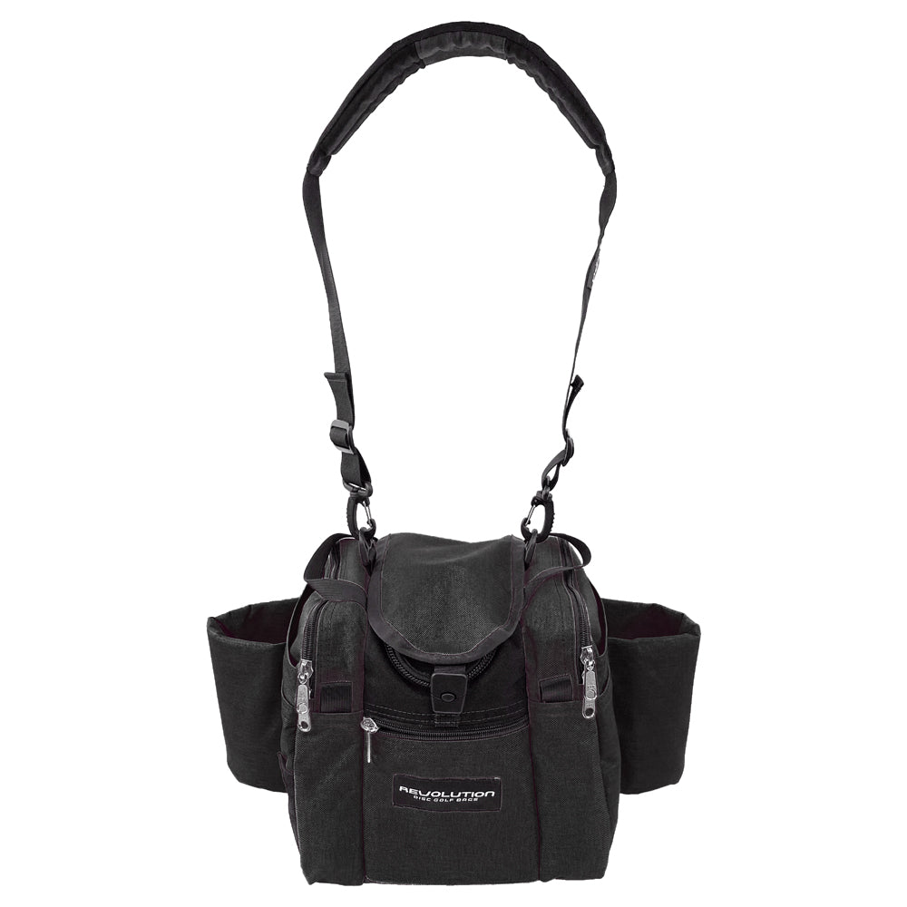 Gotta Go Gotta Throw Revolution Mini Deluxe V3 Disc Golf Bag in black with multiple compartments and adjustable straps.
