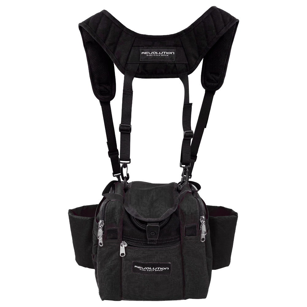 Gotta Go Gotta Throw Revolution Mini Deluxe V3 disc golf bag in black with multiple compartments and adjustable straps.