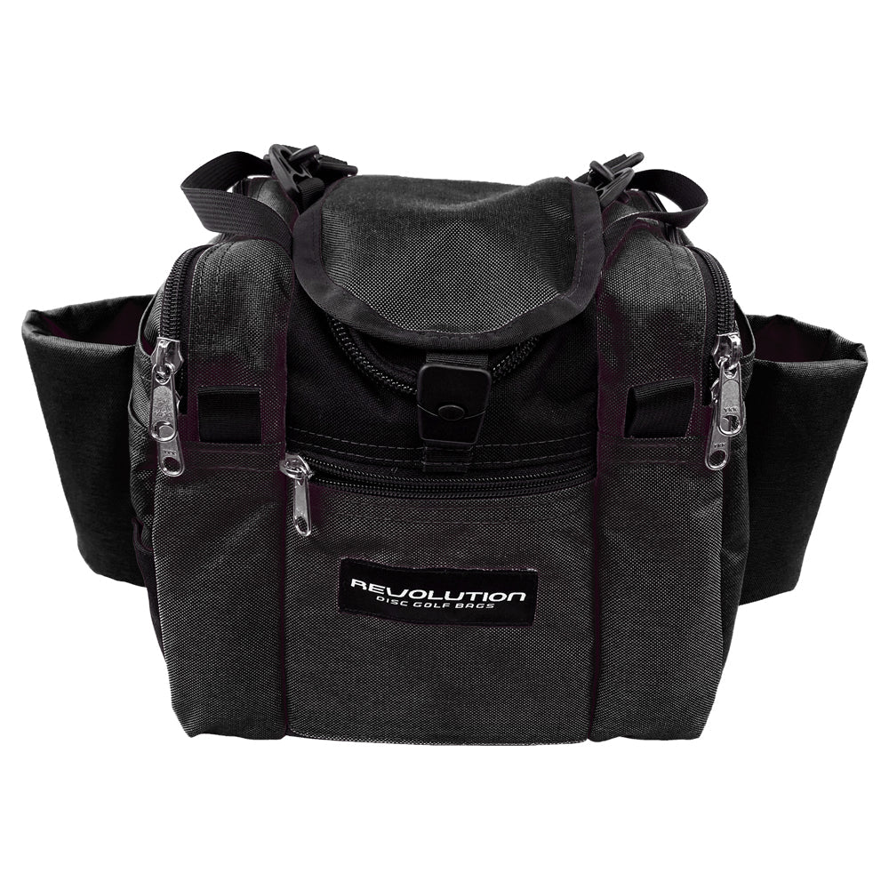 Gotta Go Gotta Throw Revolution Mini Deluxe V3 disc golf bag in black with multiple compartments and adjustable straps.