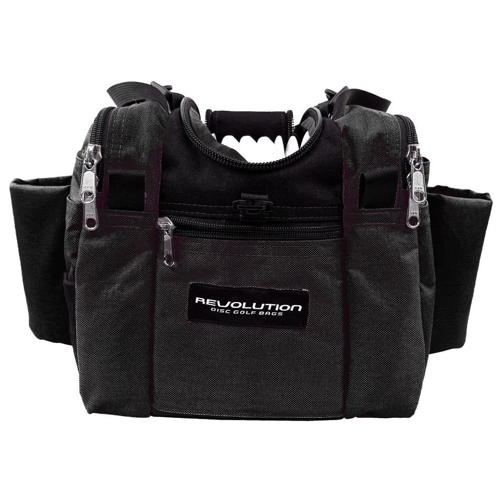 Gotta Go Gotta Throw Revolution Mini Deluxe V3 disc golf bag in black with multiple compartments and adjustable straps.