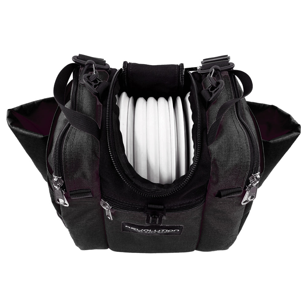 Gotta Go Gotta Throw Revolution Mini Deluxe V3 disc golf bag in black, compact bag with multiple compartments and sturdy handles.