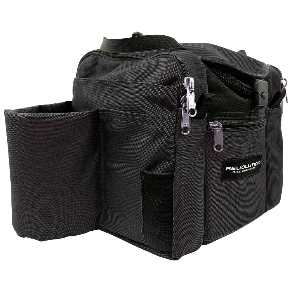 Gotta Go Gotta Throw Revolution Mini Deluxe V3 disc golf bag in black, compact design with multiple storage compartments.