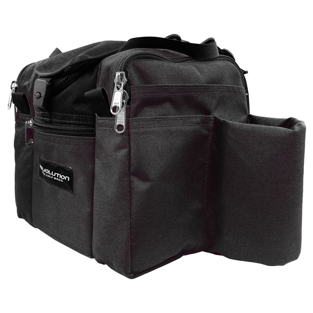 Gotta Go Gotta Throw Revolution Mini Deluxe V3 disc golf bag in black, compact bag with multiple storage compartments and disc pockets.