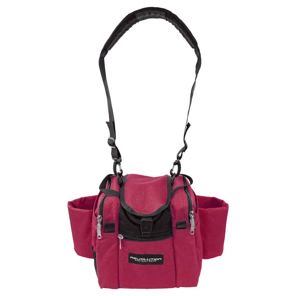Gotta Go Gotta Throw Revolution Mini Deluxe V3 disc golf bag in crimson with black accents, compact and durable for disc storage.