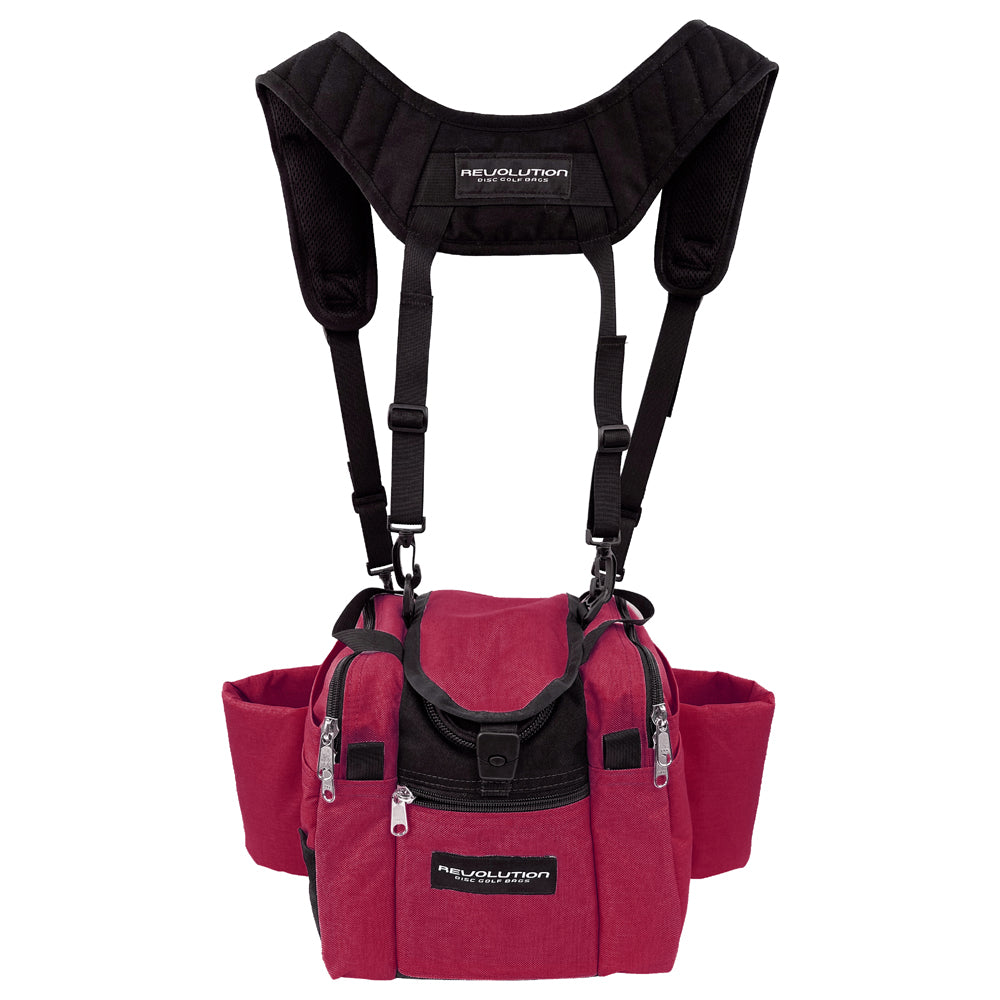 Gotta Go Gotta Throw Revolution Mini Deluxe V3 disc golf bag in crimson with multiple compartments and adjustable straps.