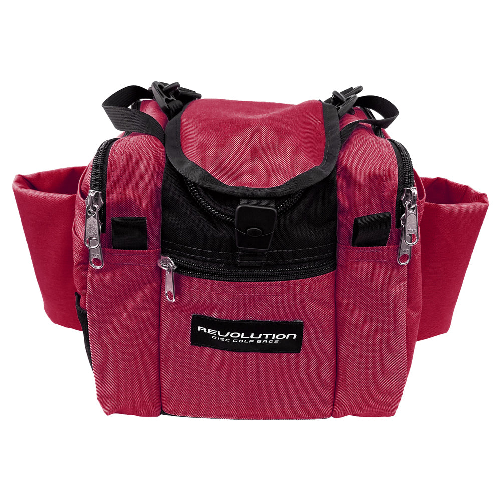 Gotta Go Gotta Throw Revolution Mini Deluxe V3 disc golf bag in crimson with black accents, compact and designed for disc storage.