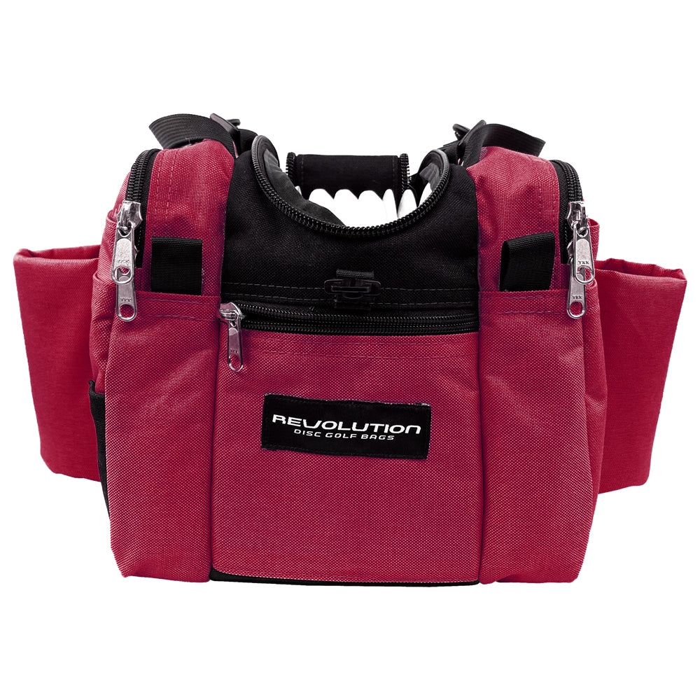 Gotta Go Gotta Throw Revolution Mini Deluxe V3 disc golf bag in crimson with multiple compartments and black accents, compact and durable.