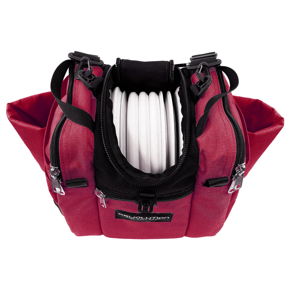 Gotta Go Gotta Throw Revolution Mini Deluxe V3 disc golf bag in crimson with multiple compartments and black accents.