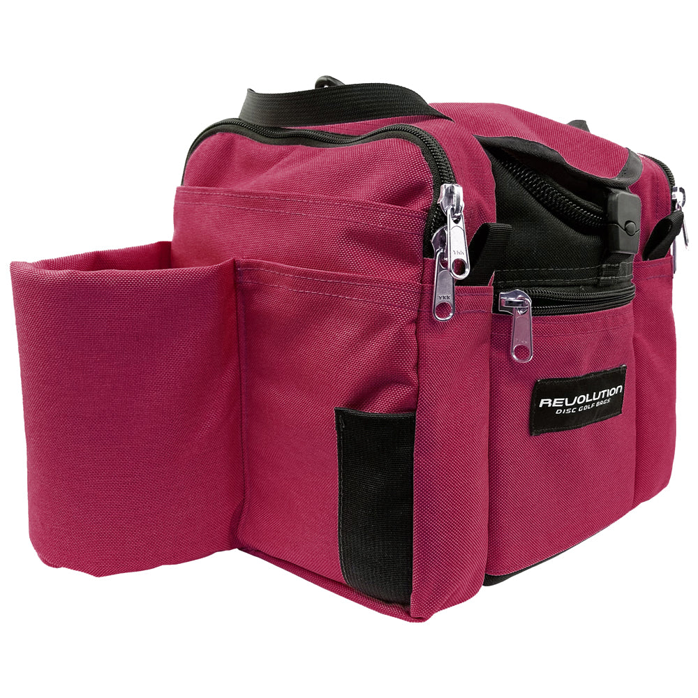 Gotta Go Gotta Throw Revolution Mini Deluxe V3 disc golf bag in crimson with multiple compartments and black accents.